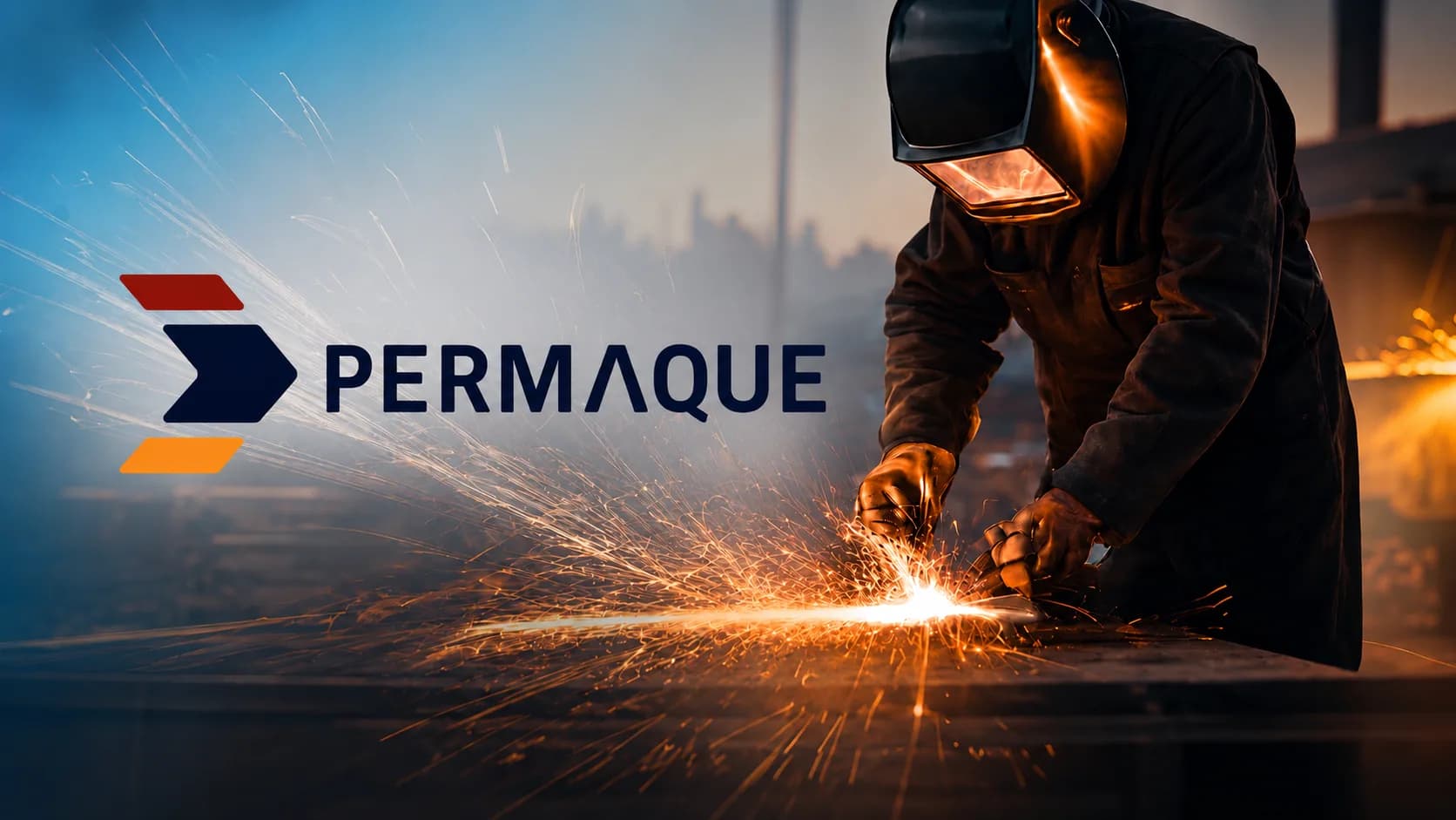 Permaque — soldador trabalhando sobre uma chapa de aço